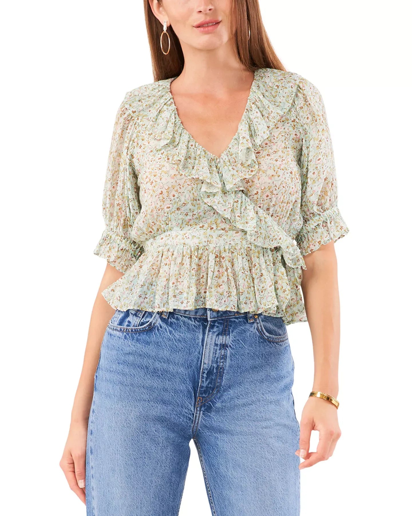1.STATE Ruffle Faux Wrap Crop Top