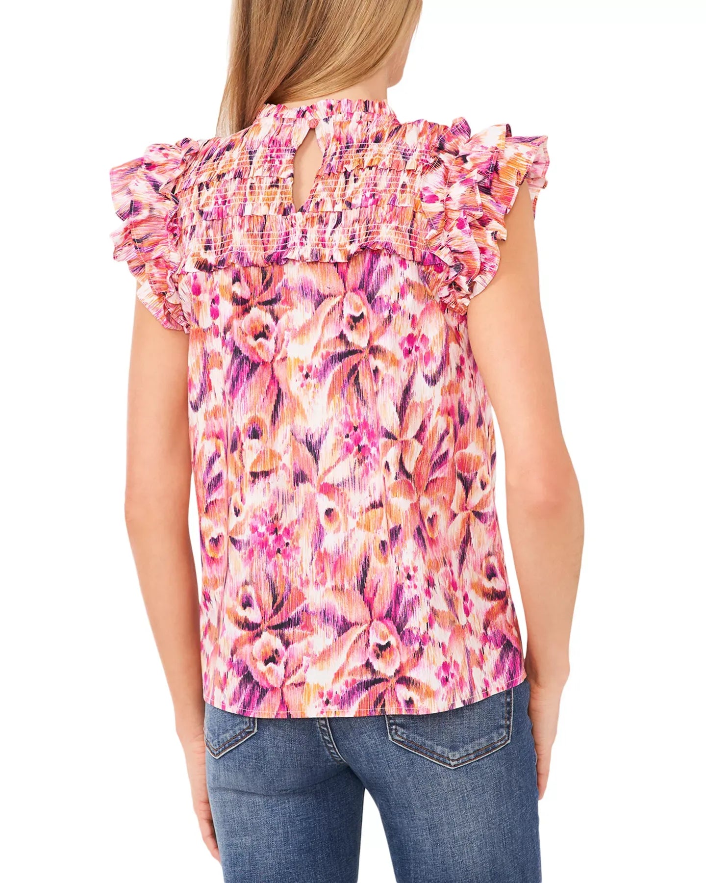 CeCe Printed Ruffled Smocked Top