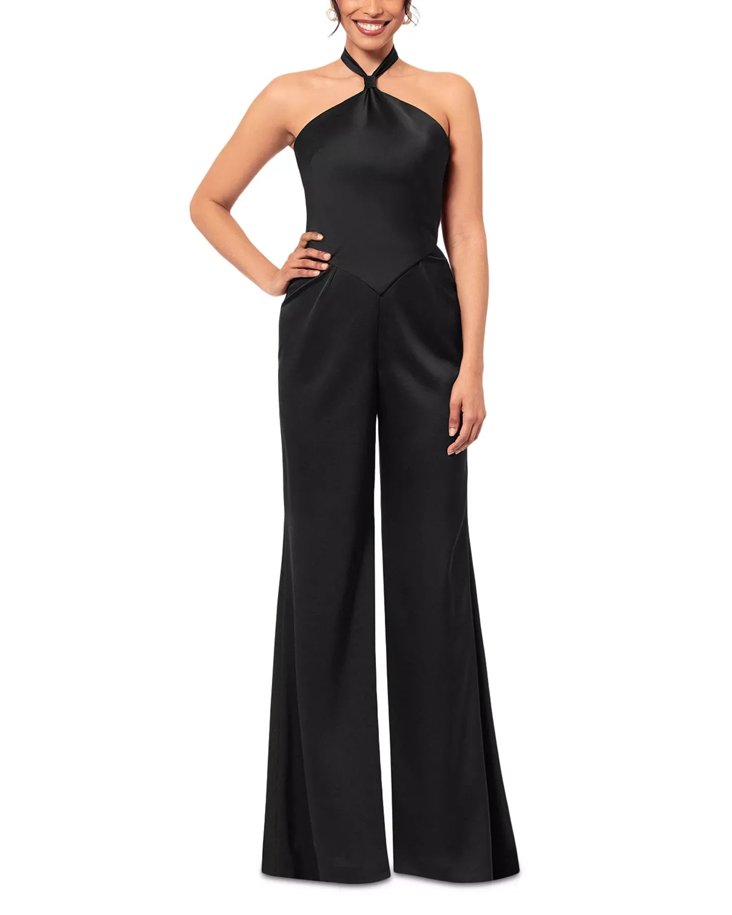 AQUA Halter Wide Leg Satin Jumpsuit - Exclusive Jumpsuits