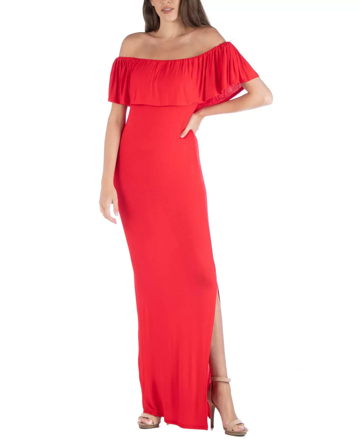 24seven Comfort Apparel Off Shoulder Ruffle Detail Maxi Dress