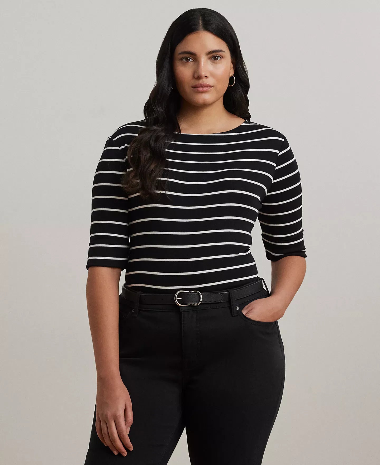 Lauren Ralph Lauren Plus Size Striped Cotton Boatneck T-Shirt Top