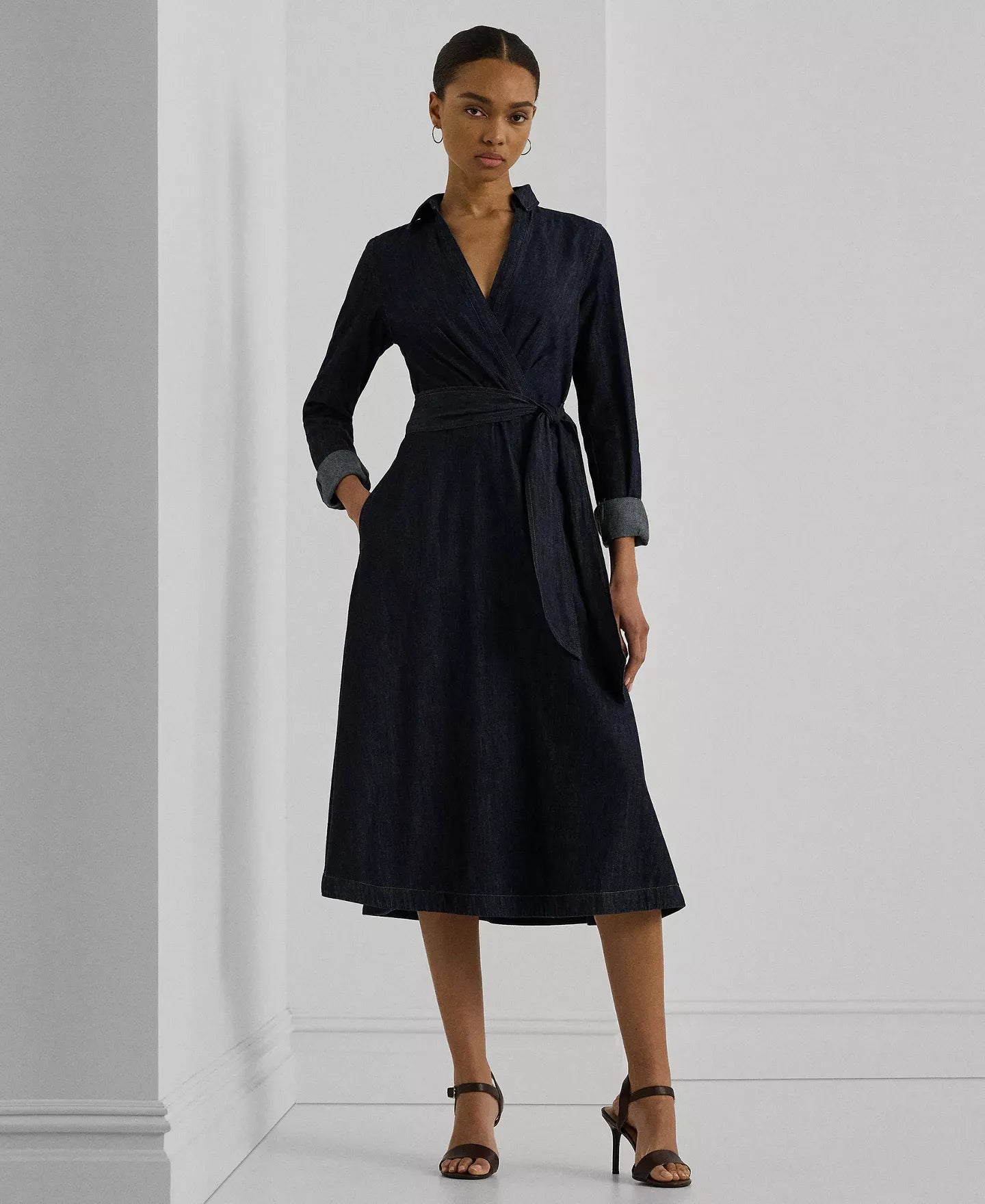 Lauren Ralph Lauren Women's Self-Belt Long-Sleeve Surplice Georgette Midi Dress