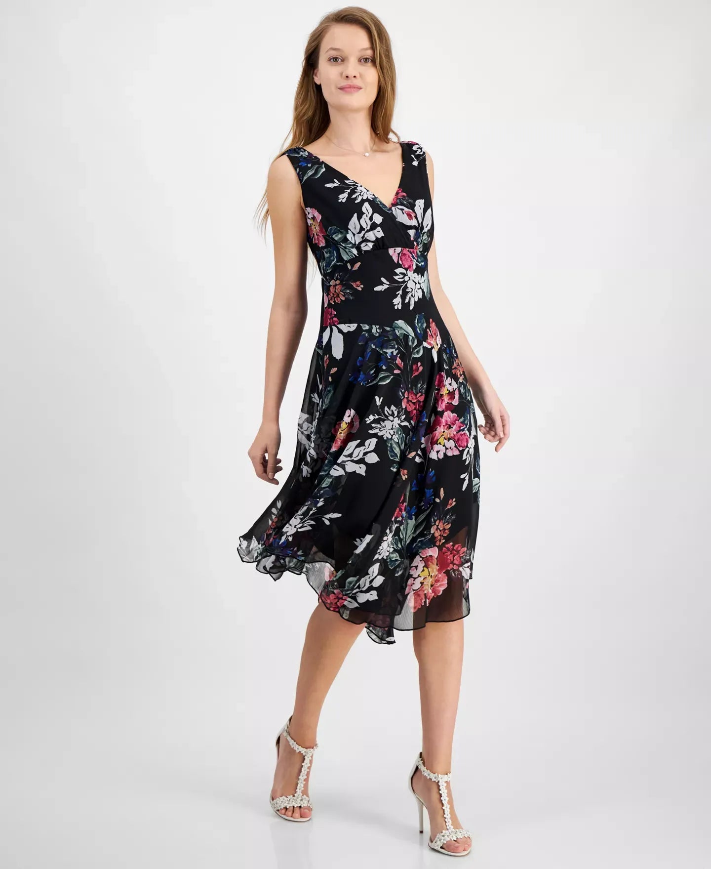 Connected Petite Floral-Print Sleeveless Midi Dress