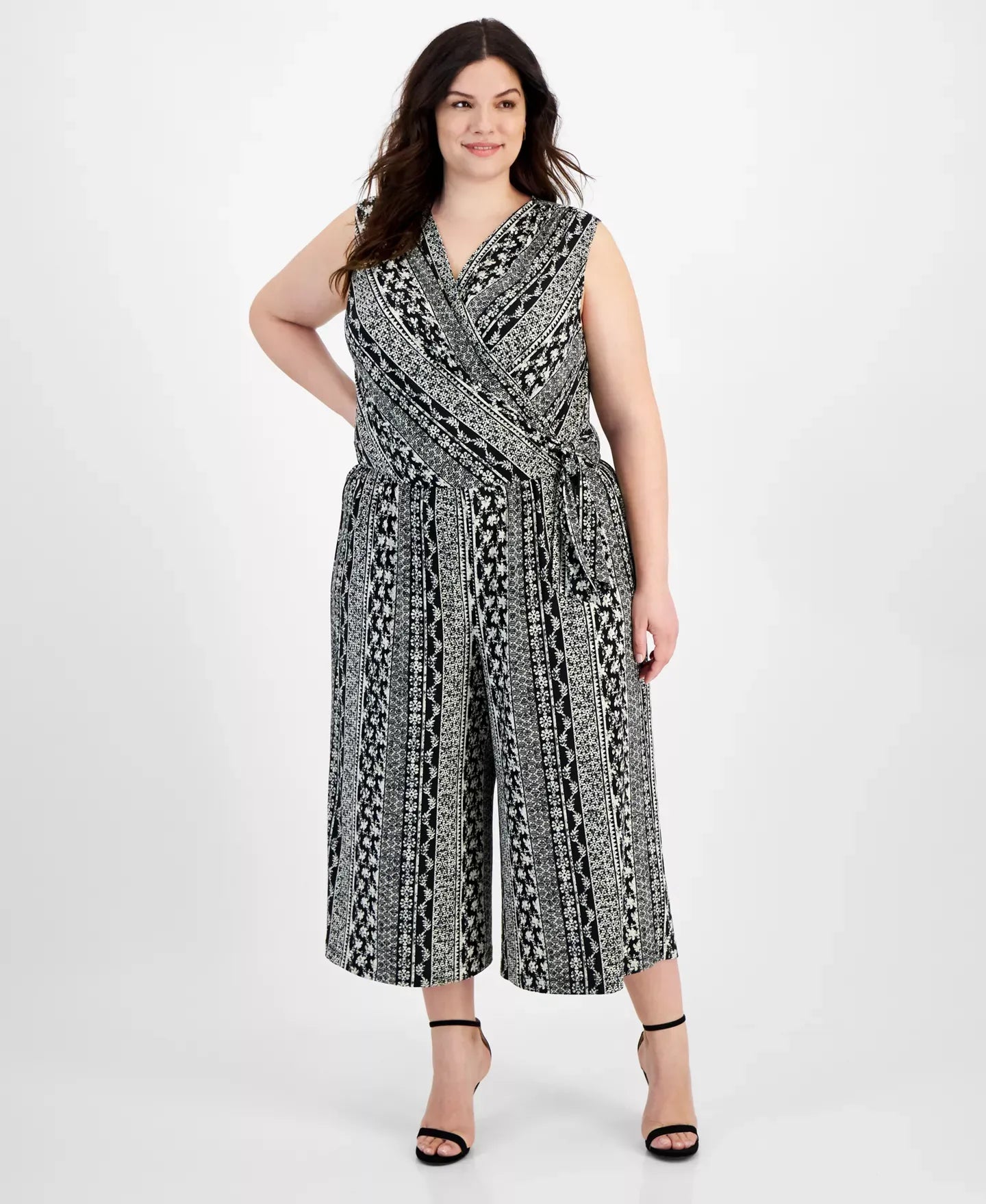 Connected Plus Size Printed Surplice Sleeveless Cropped Jumpsuit Pants