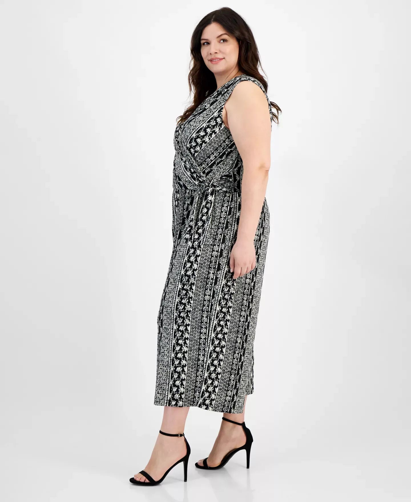 Connected Plus Size Printed Surplice Sleeveless Cropped Jumpsuit Pants