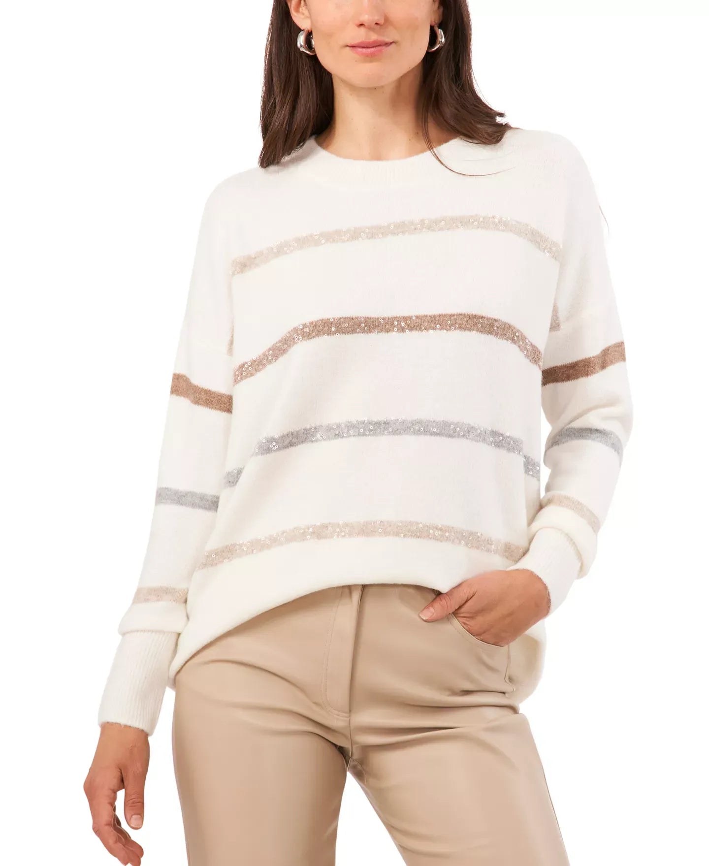 Vince Camuto Women's Cozy Crewneck Sequin-Stripe Long-Sleeve Sweater