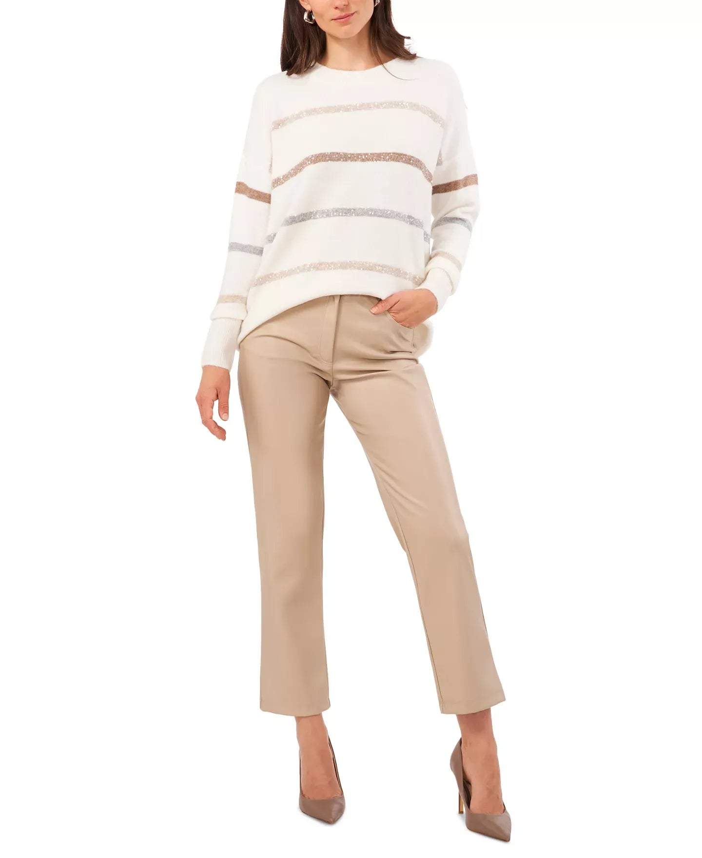 Vince Camuto Women's Cozy Crewneck Sequin-Stripe Long-Sleeve Sweater