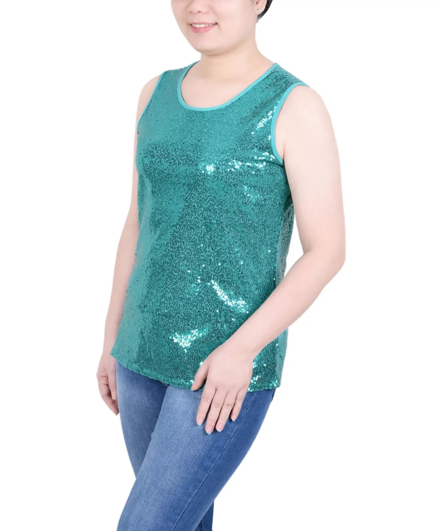 NY Collection Petite Sleeveless Sequined Tank with Combo Banding Top