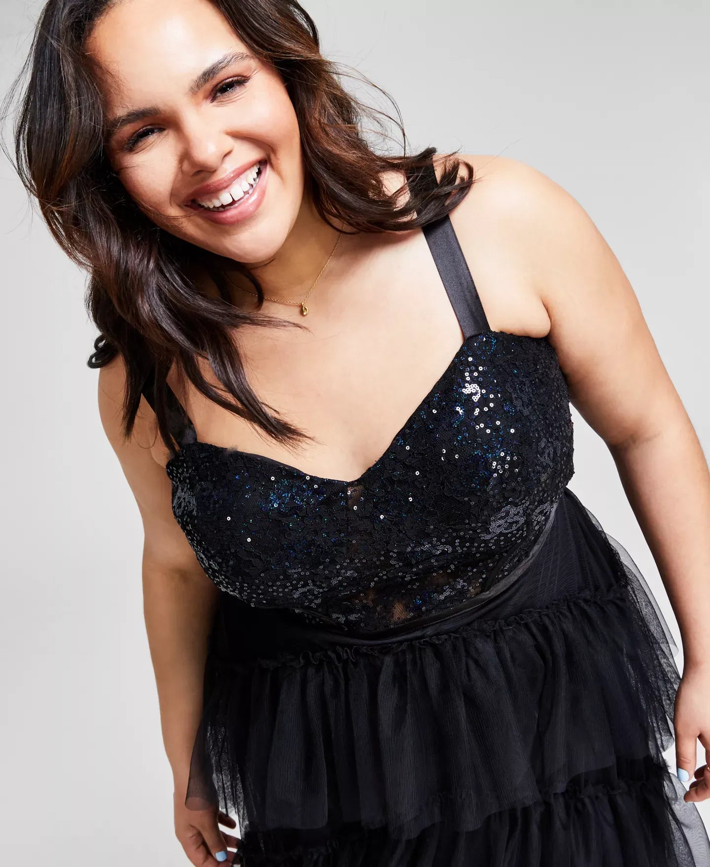 City Studios Plus Size Sequin Tiered Mesh Gown