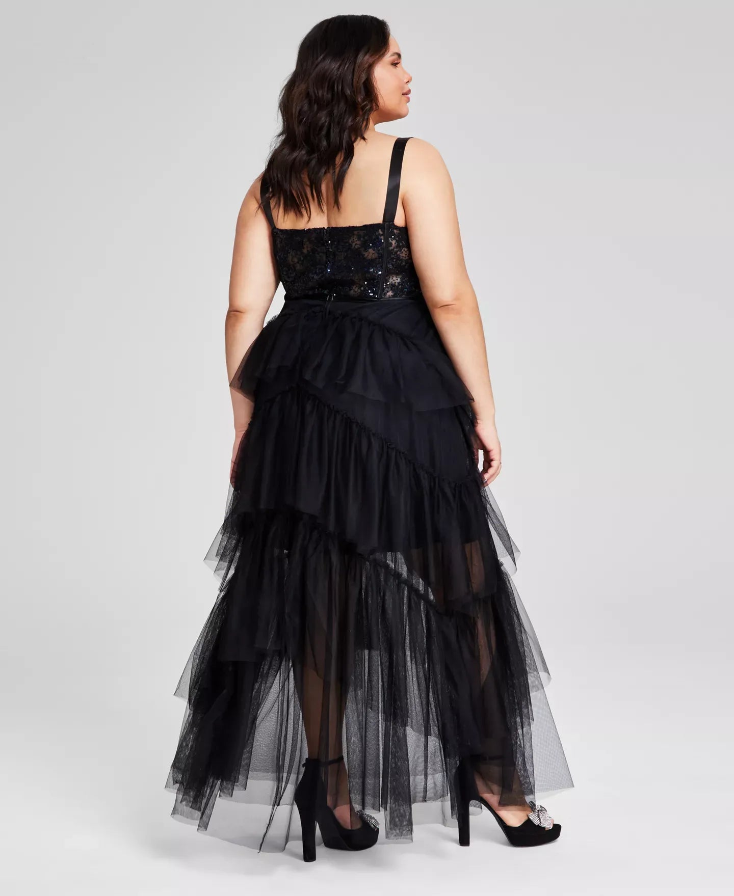 City Studios Plus Size Sequin Tiered Mesh Gown
