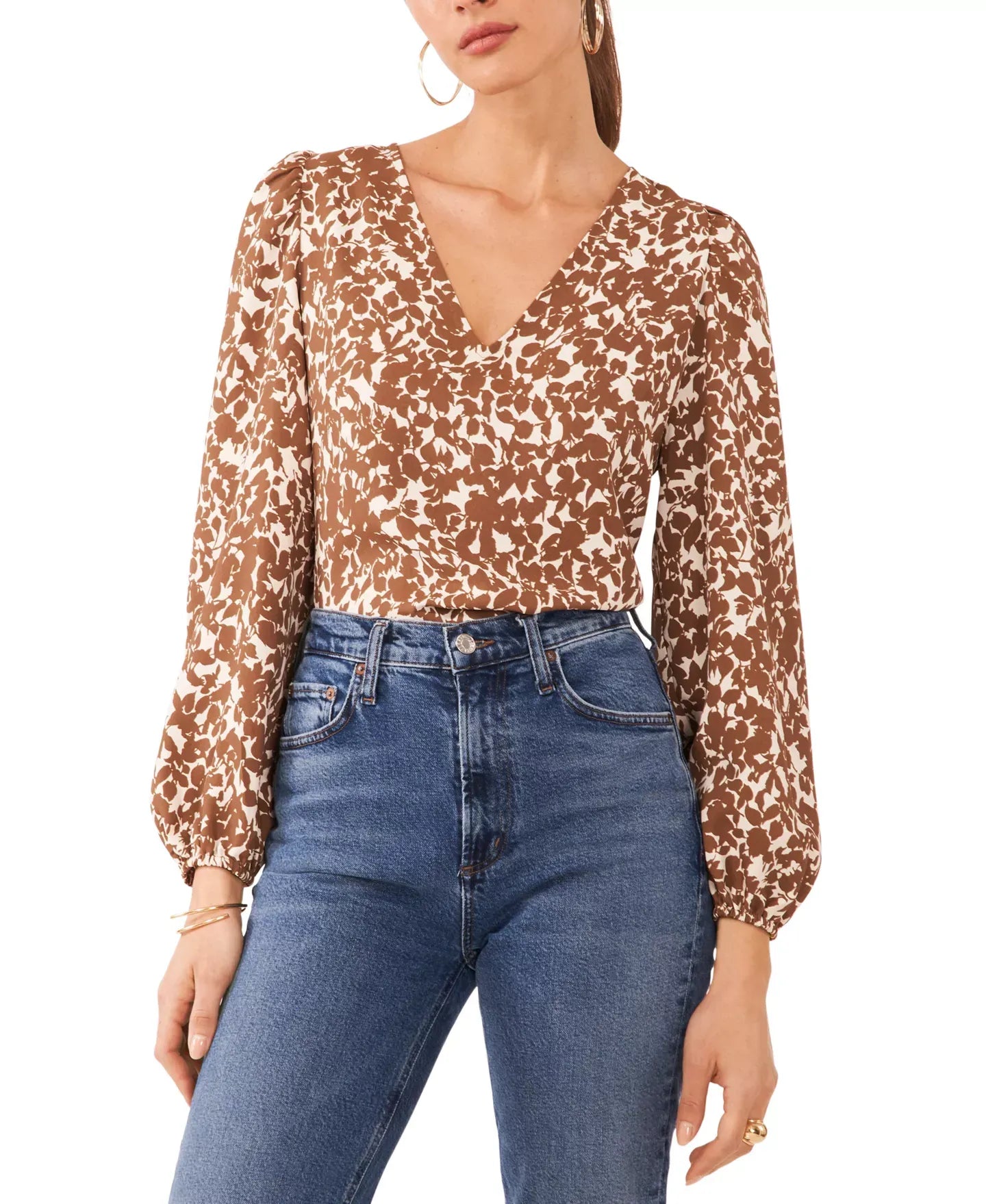 1.STATE Women's Printed Balloon-Sleeve V-Neck Blouse Top