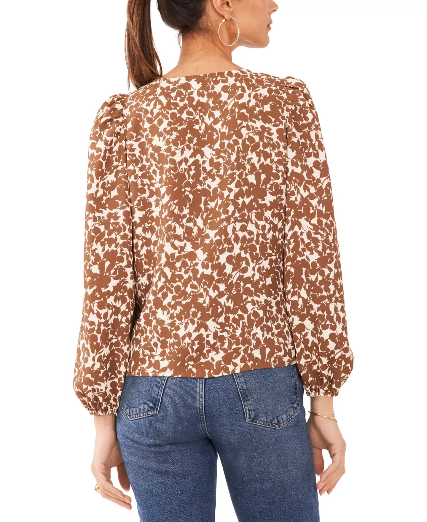 1.STATE Women's Printed Balloon-Sleeve V-Neck Blouse Top