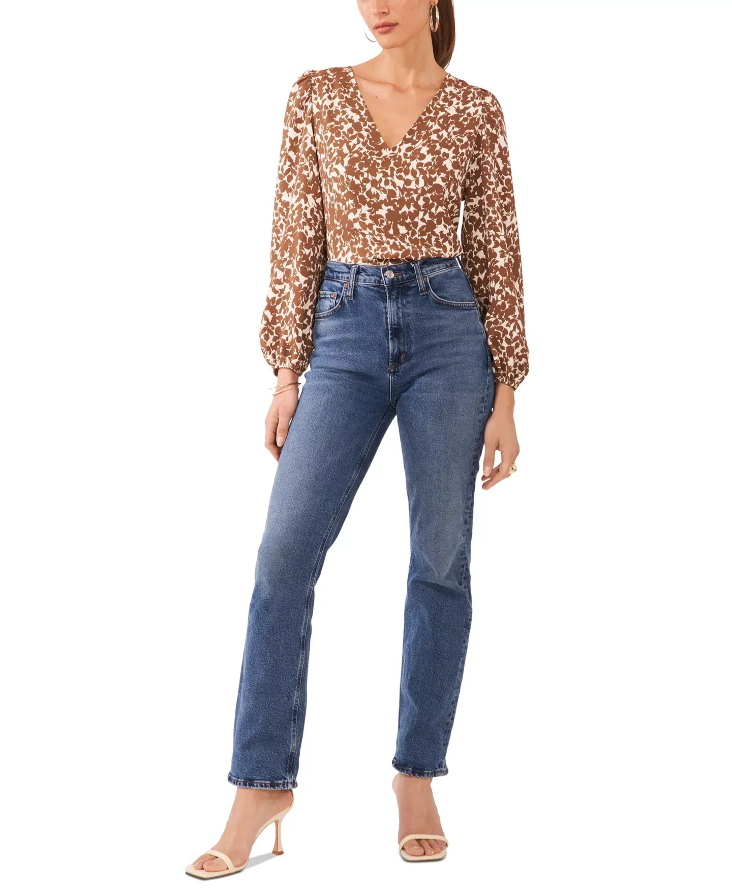 1.STATE Women's Printed Balloon-Sleeve V-Neck Blouse Top