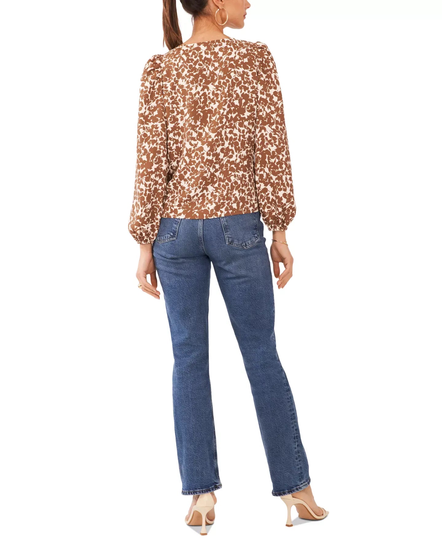 1.STATE Women's Printed Balloon-Sleeve V-Neck Blouse Top