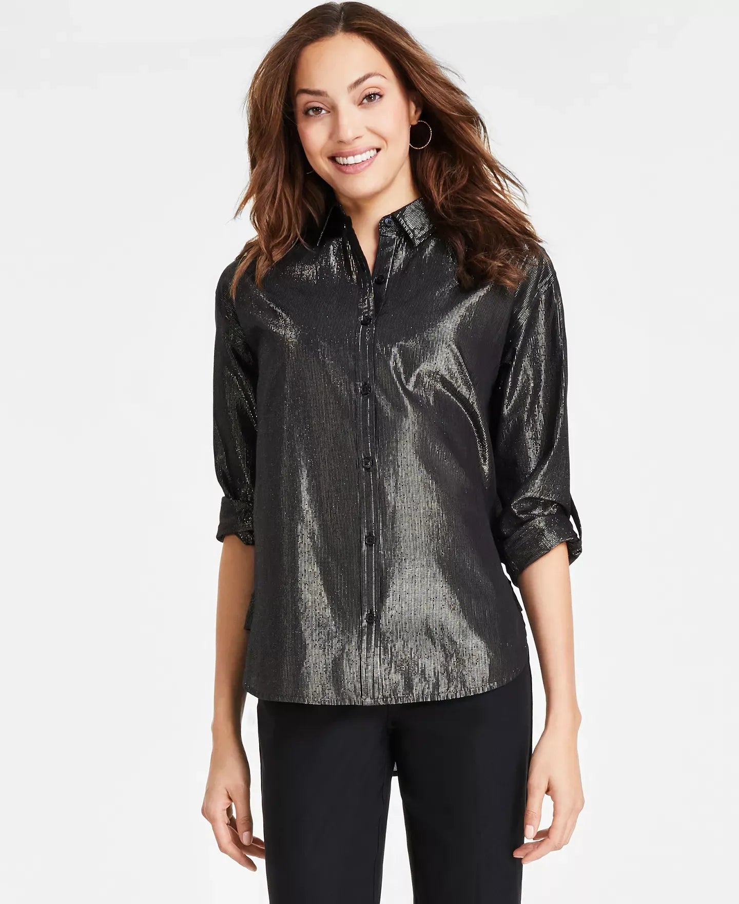 Gloria Vanderbilt Women's Metallic-Threaded Amanda Button-Front Shirt Top