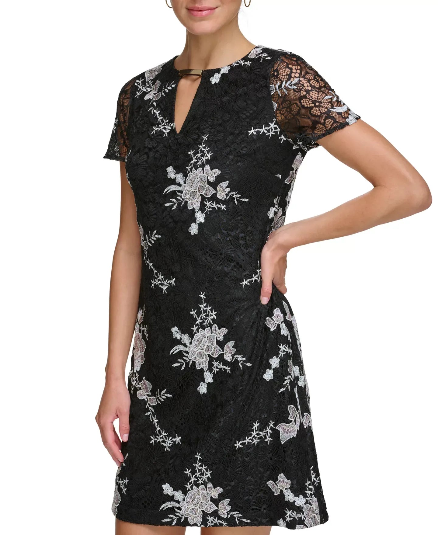 kensie Women's Short-Sleeve Embroidered-Lace Sheath Dress