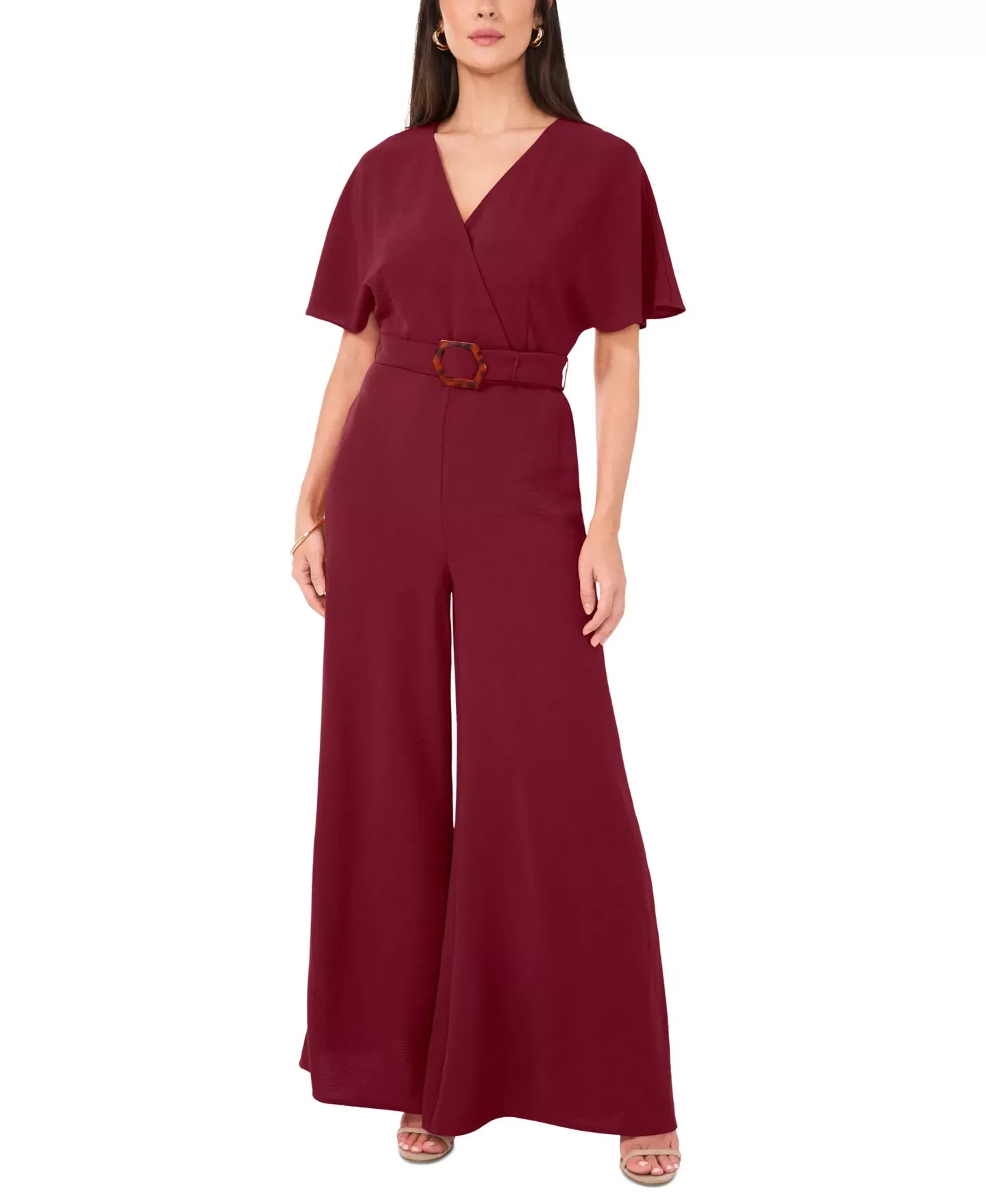 Vince Camuto Women's Plunge V-Neck Tie Waist Wide Leg Maxi Jumpsuit Pants