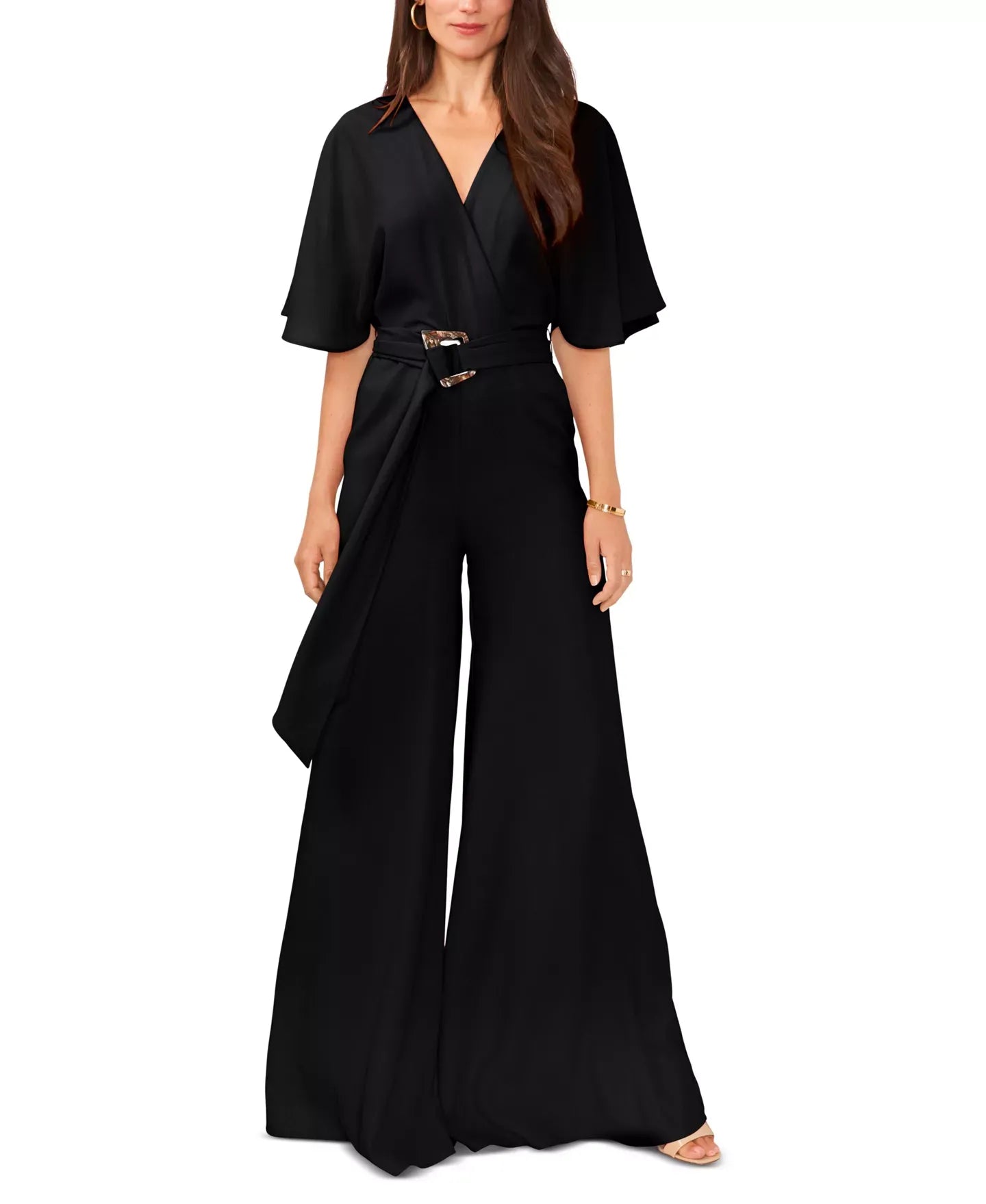 Vince Camuto Women's Plunge V-Neck Tie Waist Wide Leg Maxi Jumpsuit Pants