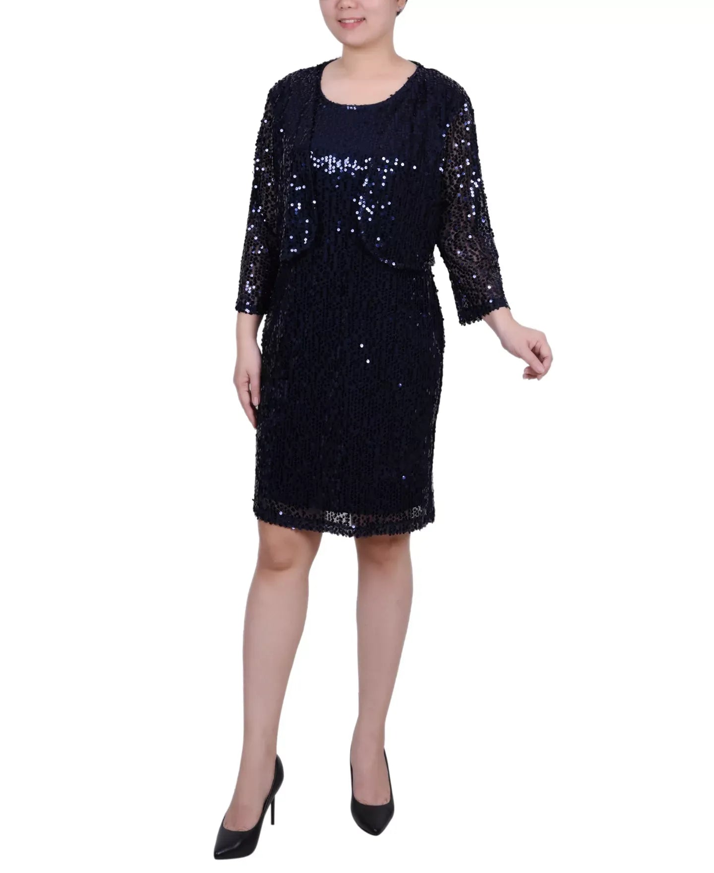 NY Collection Petite Sequined Bolero Jacket and Dress Set, 2 Piece