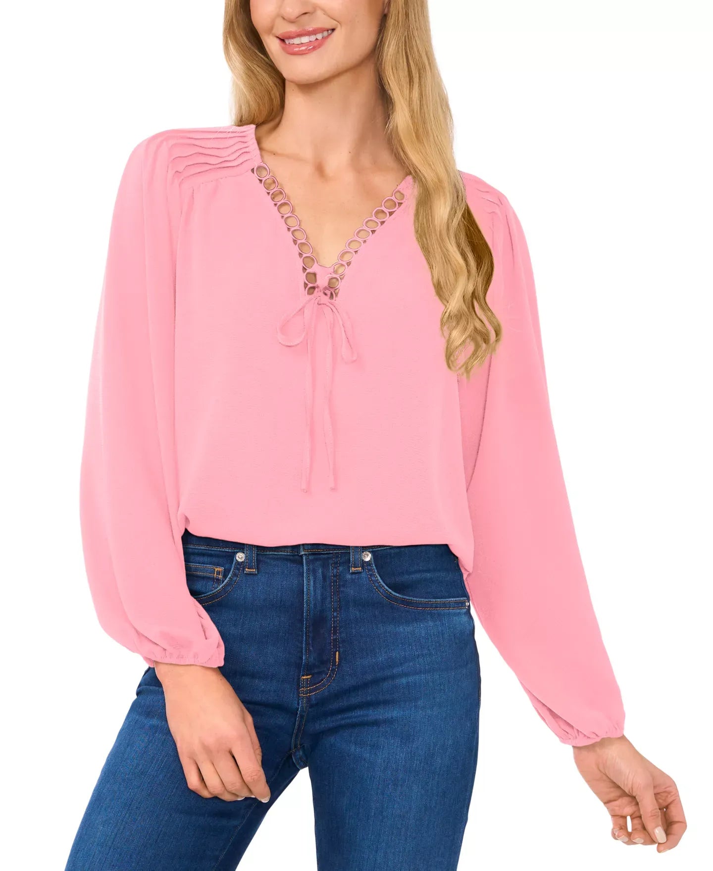 CeCe Women's Circular Trim Pin-Tuck Long Sleeve Blouse Top