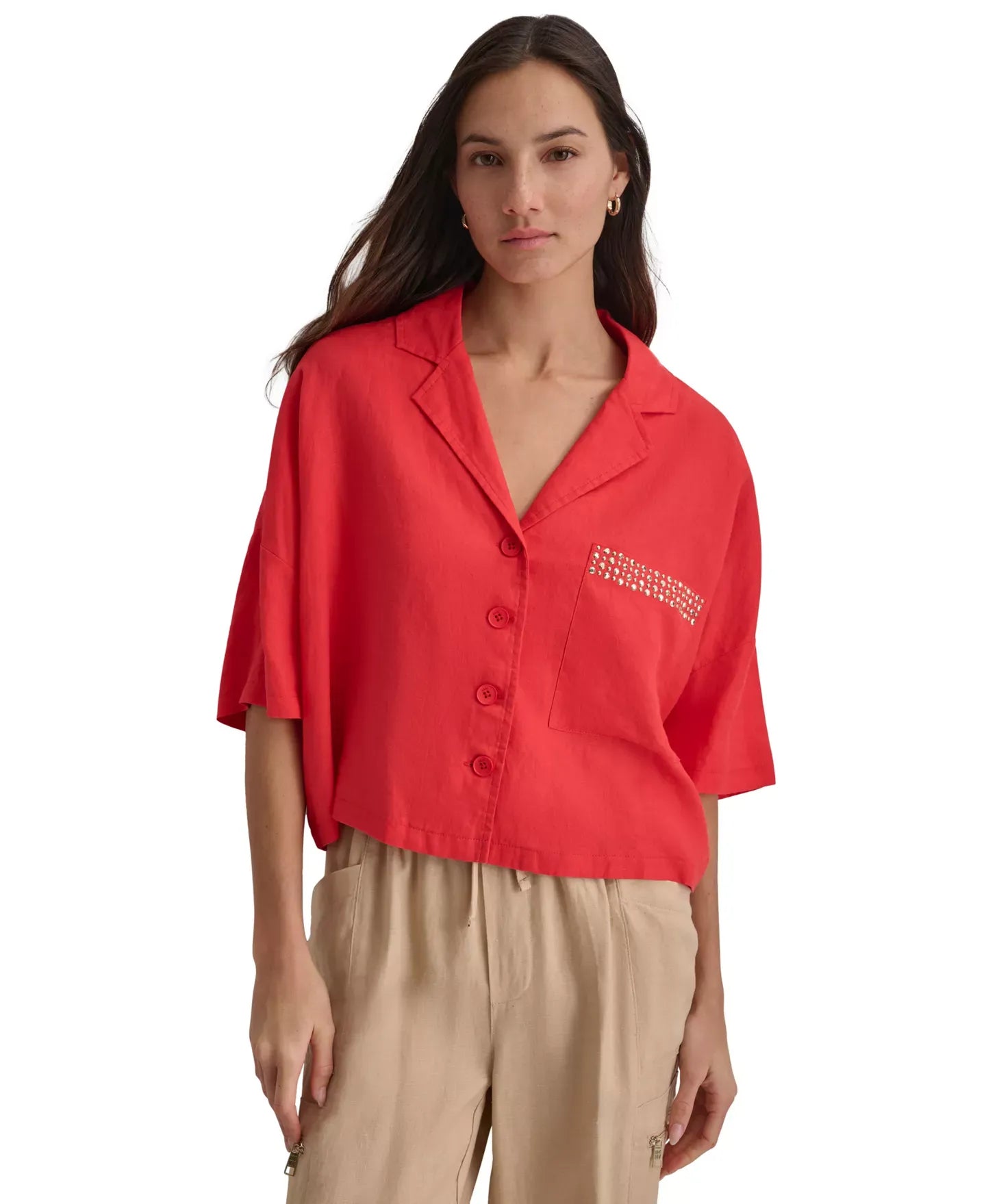 DKNY Women's Linen Studded Camp Shirt Top