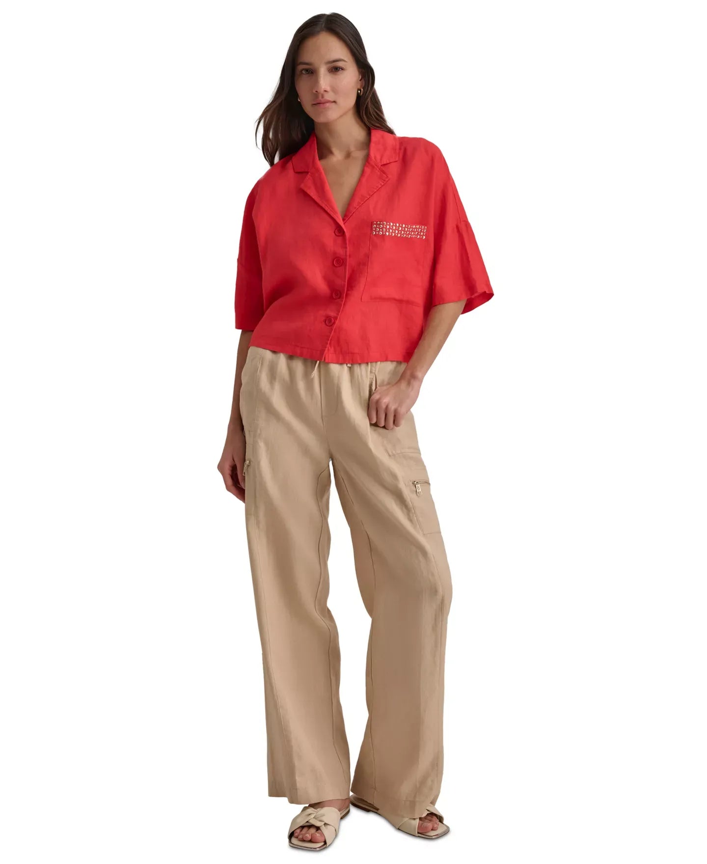 DKNY Women's Linen Studded Camp Shirt Top