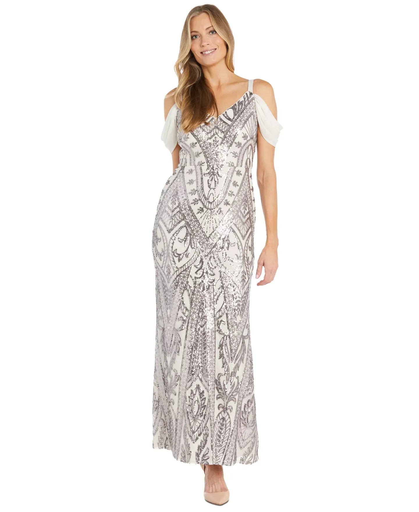 R & M Richards Women's Sequin Embellished Draped Sleeve V-Neck Gown Dress