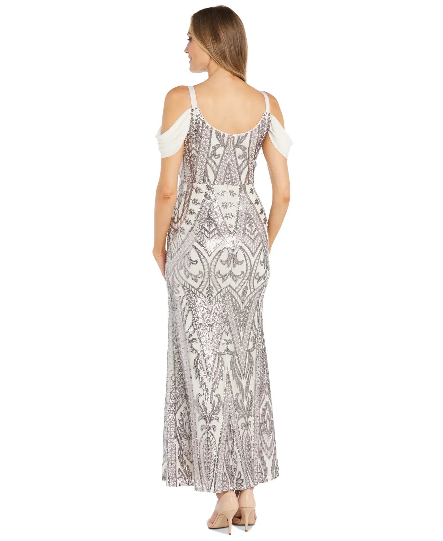 R & M Richards Women's Sequin Embellished Draped Sleeve V-Neck Gown Dress