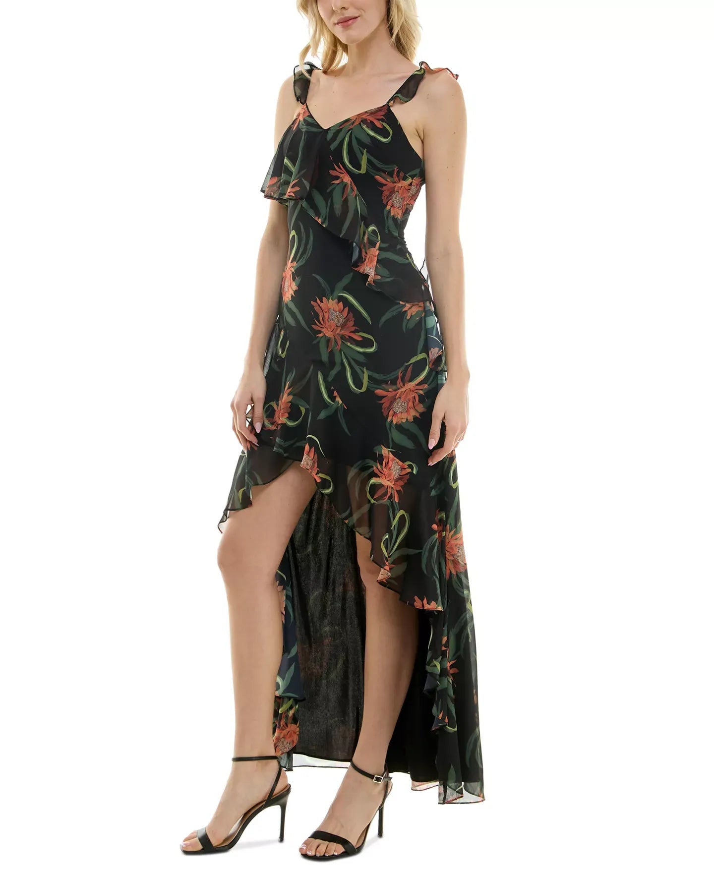 Taylor Women's Floral Print Ruffled High-Low Chiffon Gown Dress