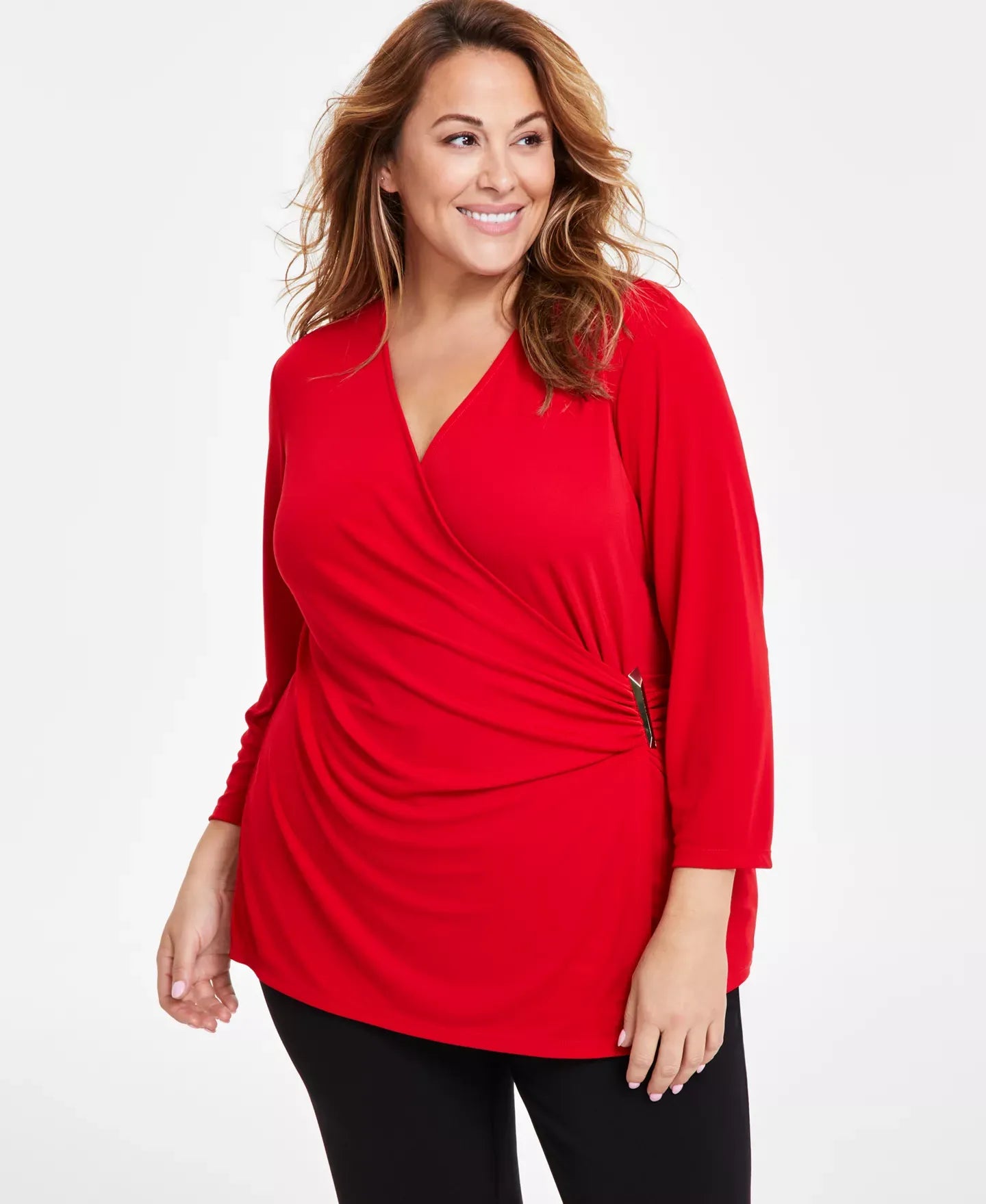 Anne Klein Plus Size Side-Ruched Hardware-Trim Top