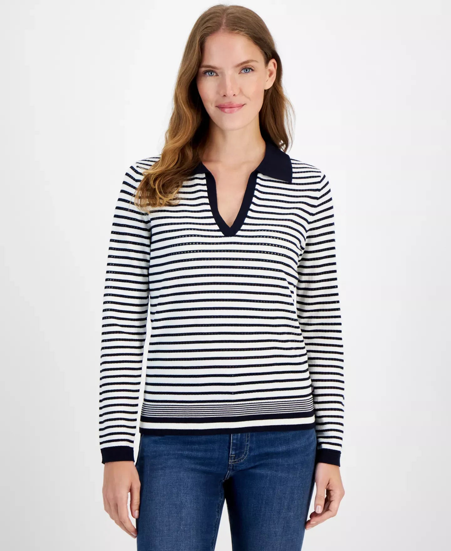 Nautica Jeans Women's Striped Johnny Collar Long-Sleeve Sweater