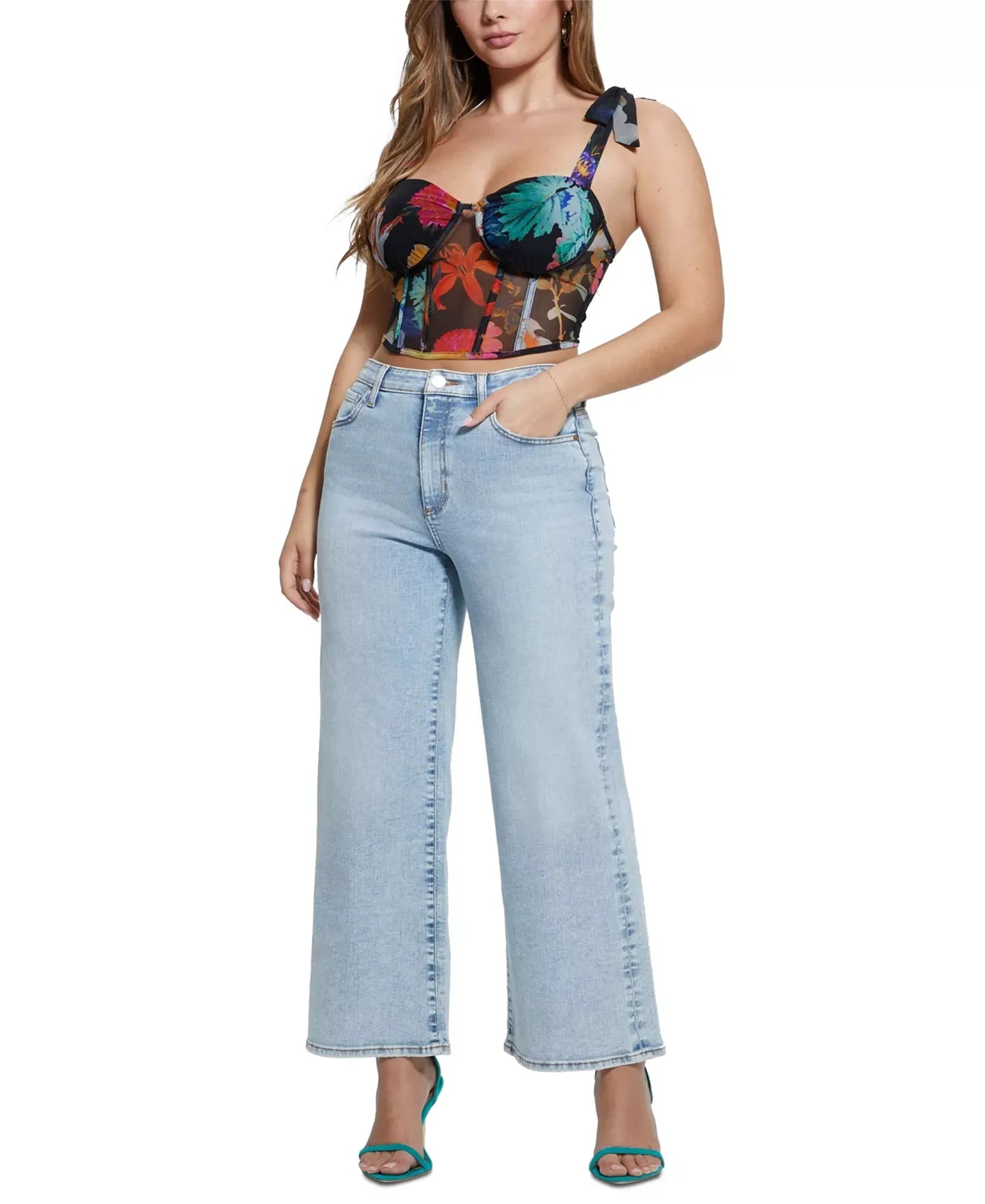 GUESS Women's Margot Floral-Print Mesh Corset Top