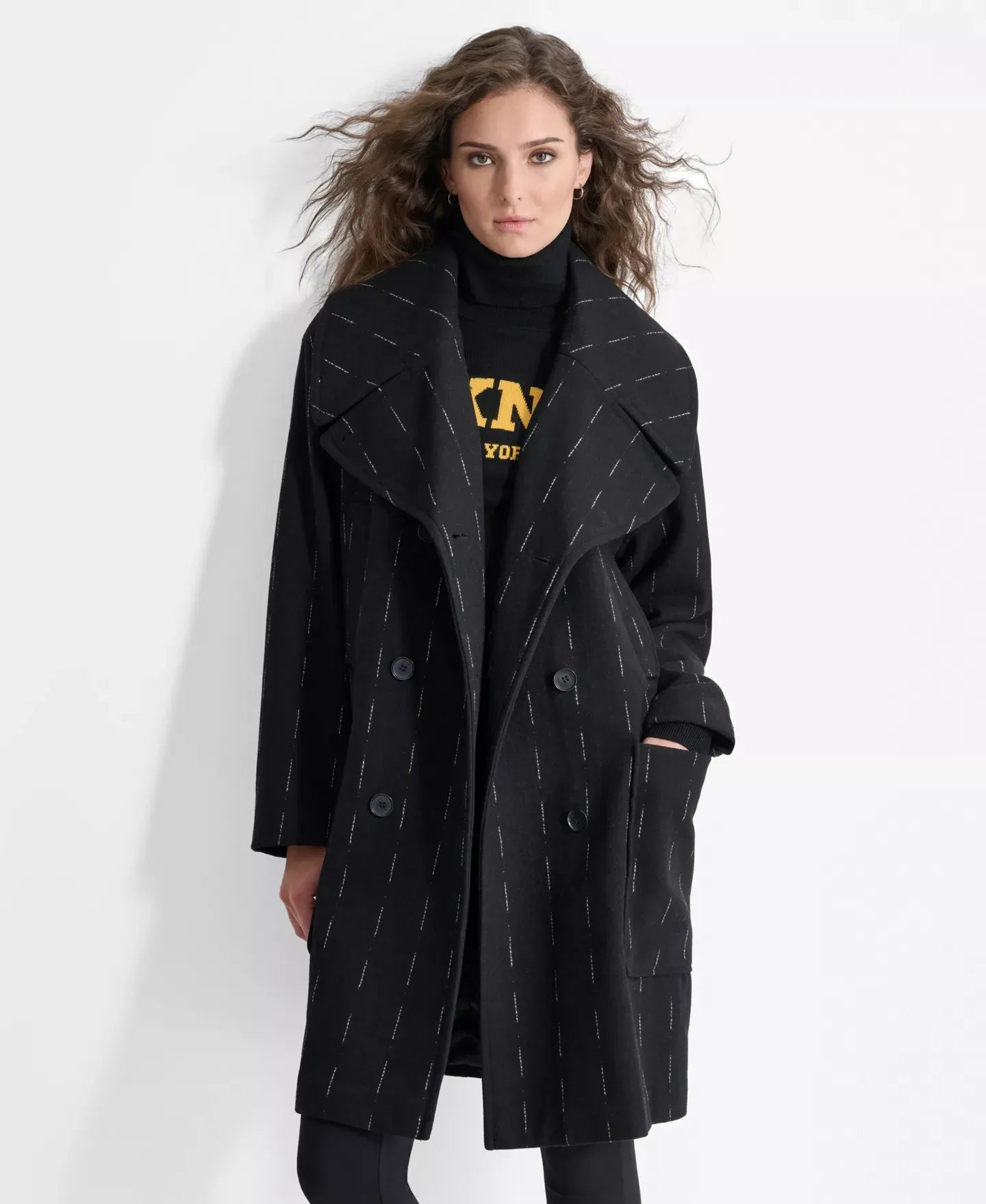 DKNY Women's Broken-Stripe Long-Sleeve Oversized Coat