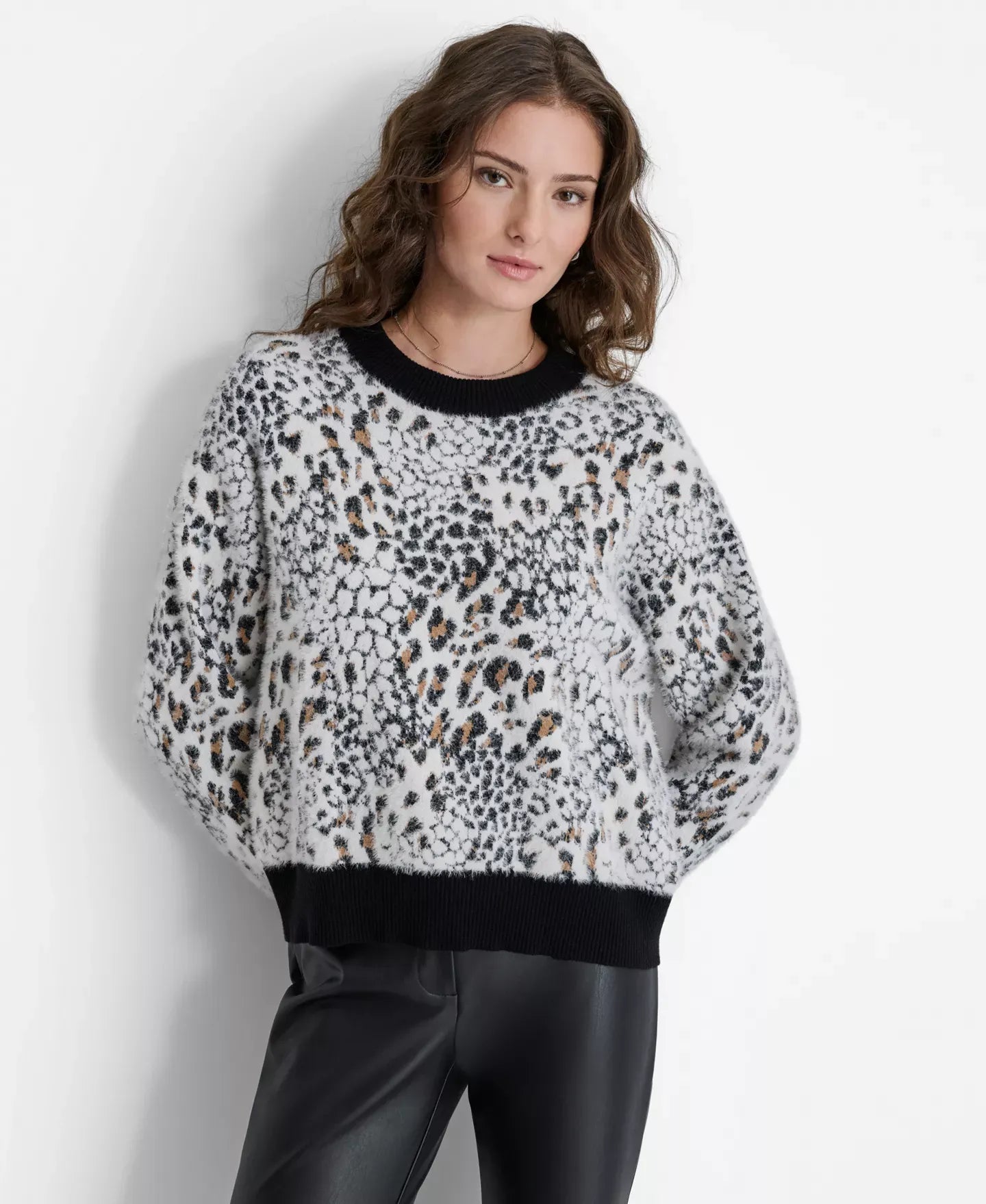 DKNY Women's Faux-Fur Animal-Print Crewneck Sweater