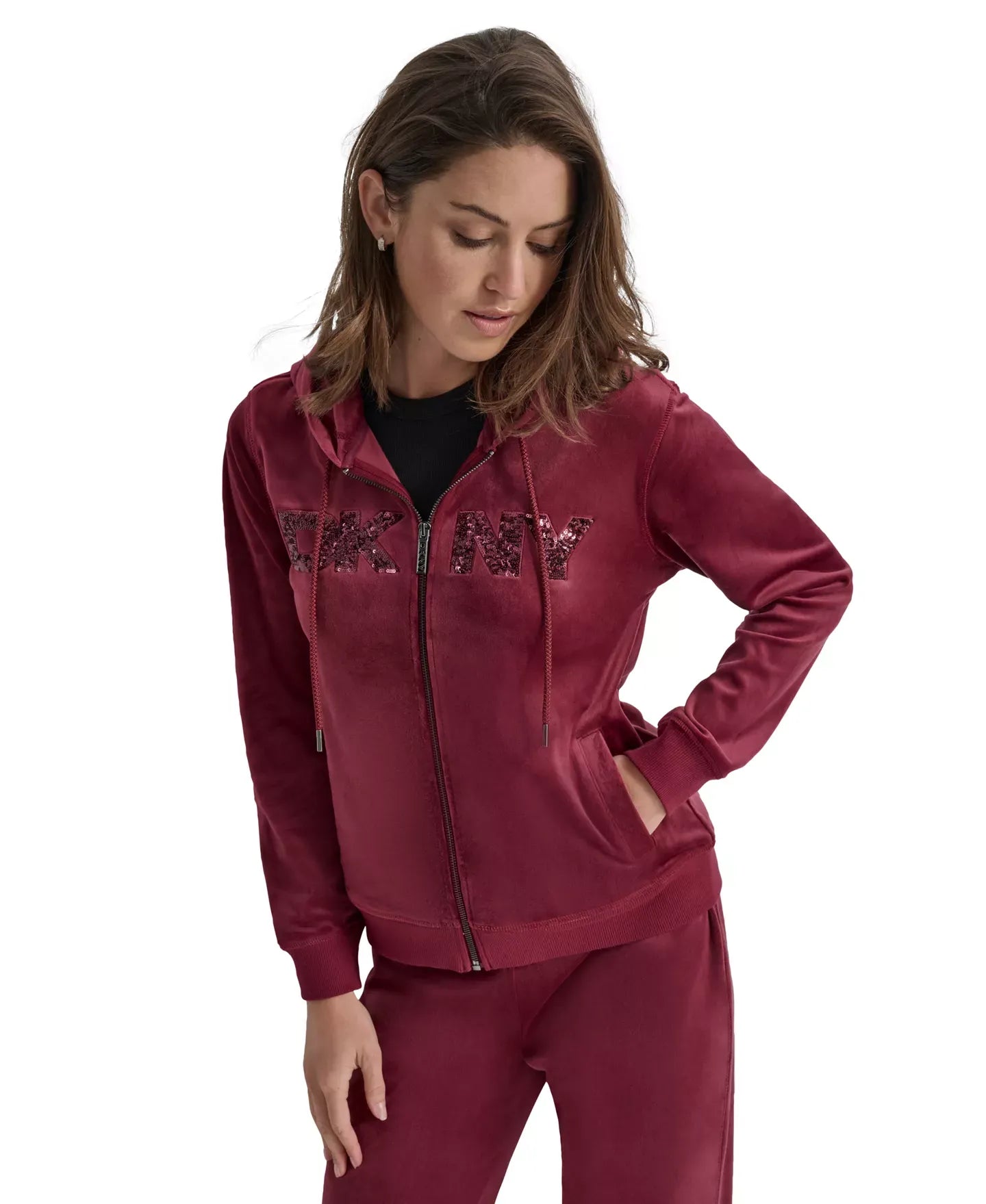 DKNY Jeans Petite Sequin Logo Zipper Hoodie Jacket