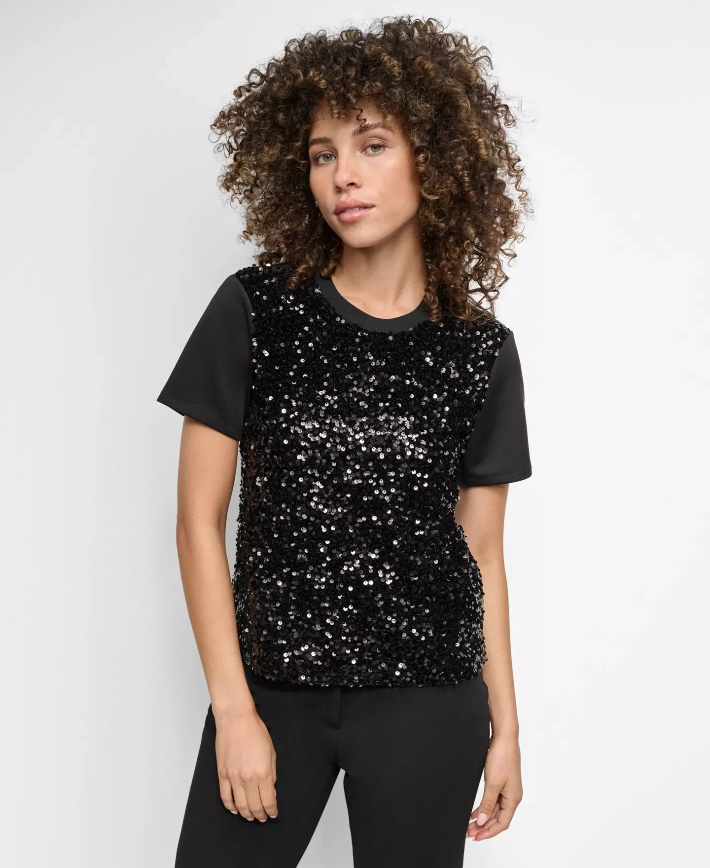 DKNY Women's Crewneck Short-Sleeve Sequin Blouse Top