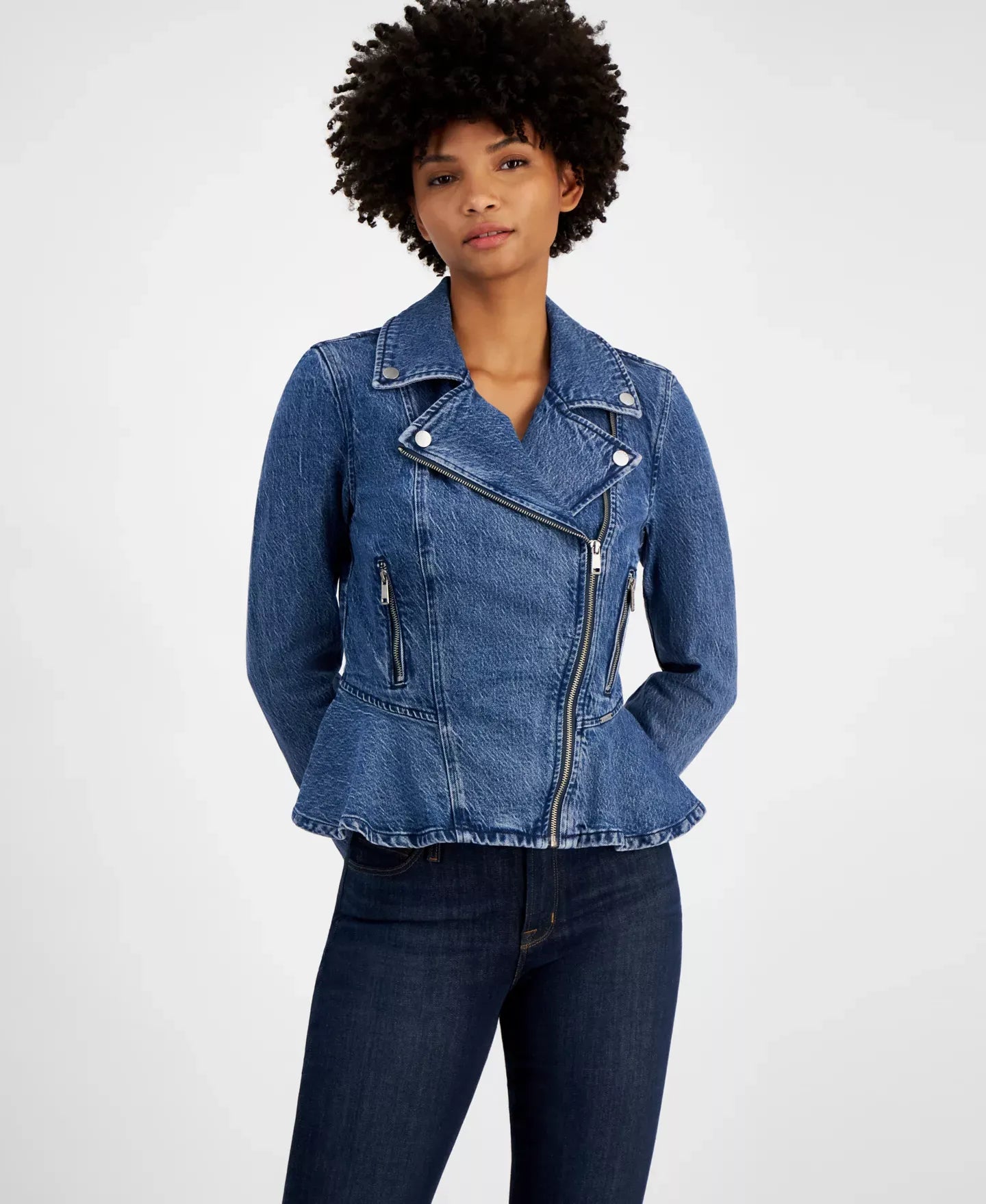 GUESS Women's Mac Denim Moto Peplum Jacket