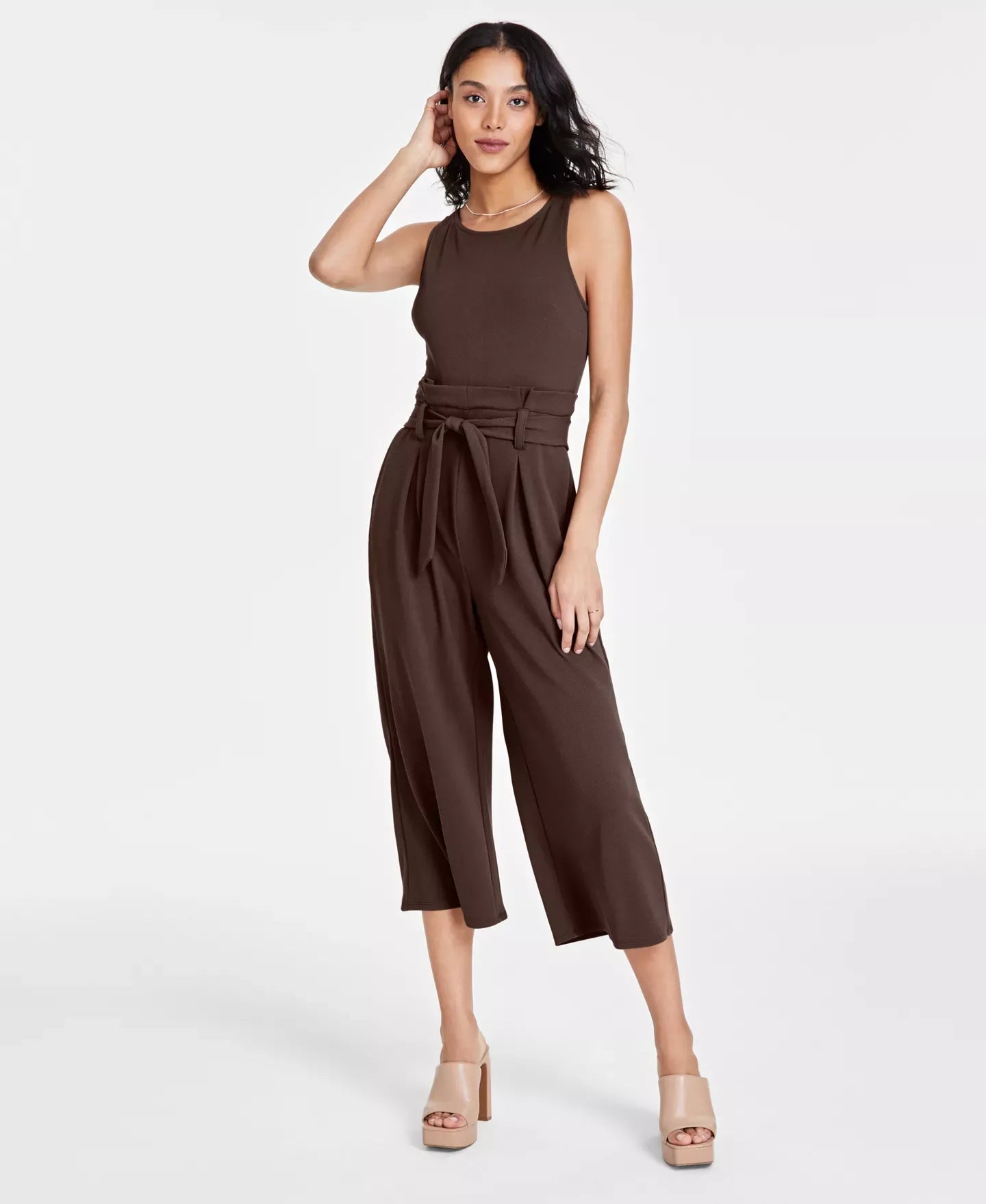 Bar III Petite Women's Sleeveless Crewneck Tie-Waist Jumpsuit