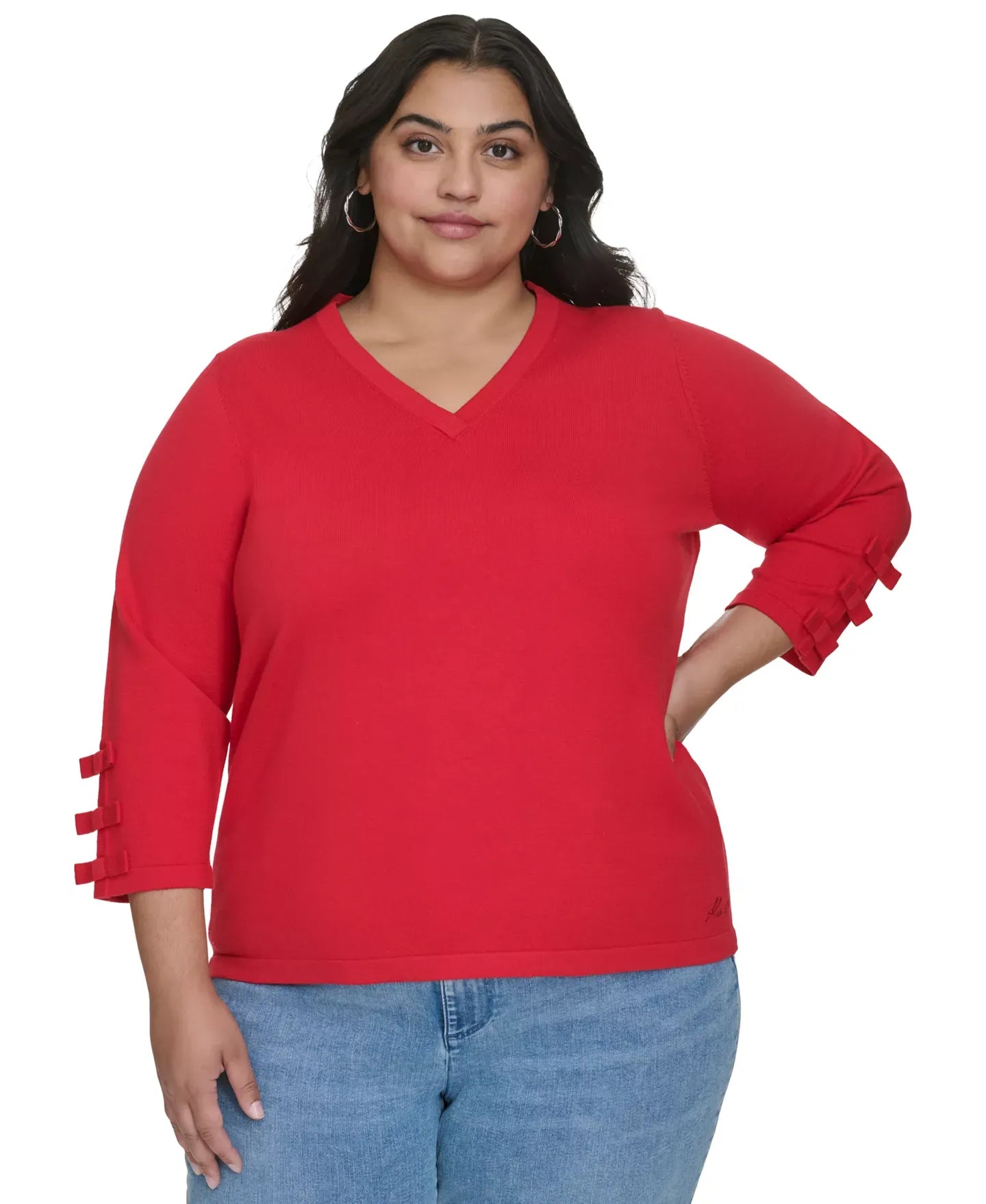 KARL LAGERFELD PARIS Plus Size V-Neck Bow-Sleeve Sweater