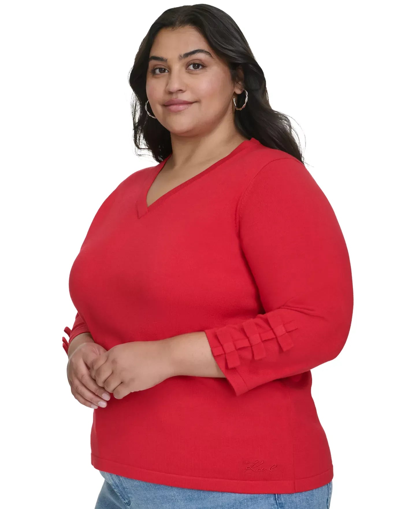 KARL LAGERFELD PARIS Plus Size V-Neck Bow-Sleeve Sweater