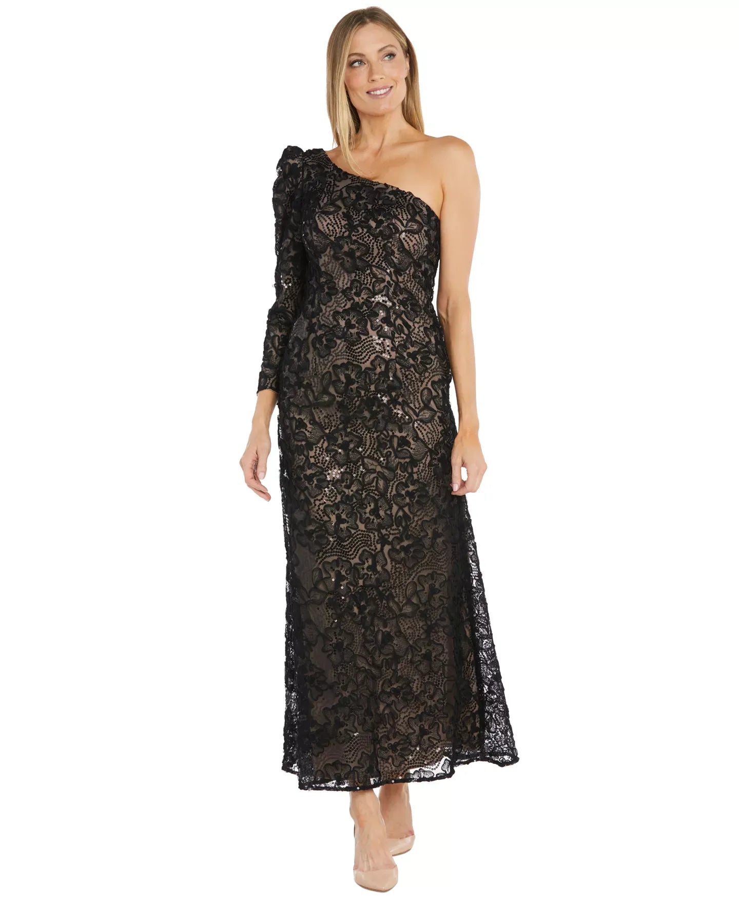 R & M Richards Women's One-Long-Sleeve Floral-Lace Sequin Gown Dress