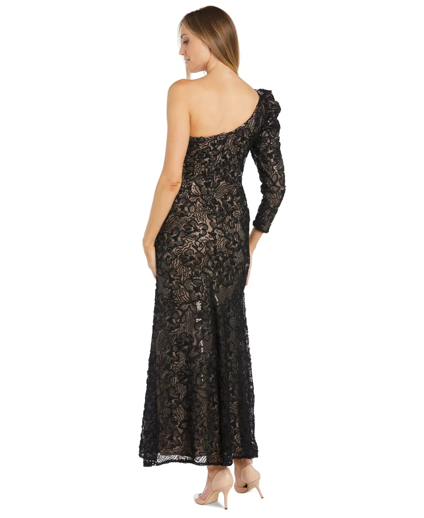 R & M Richards Women's One-Long-Sleeve Floral-Lace Sequin Gown Dress