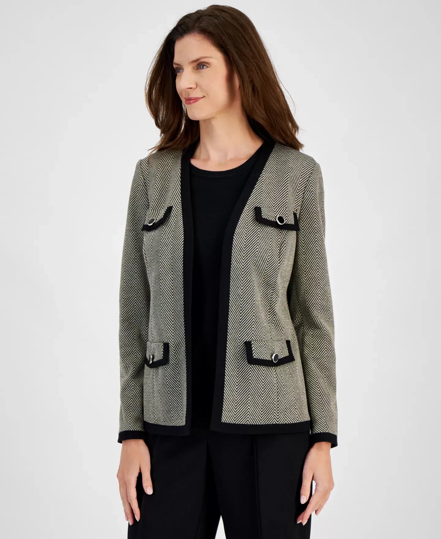 Kasper Petite Herringbone Framed Open-Front Blazer Jacket