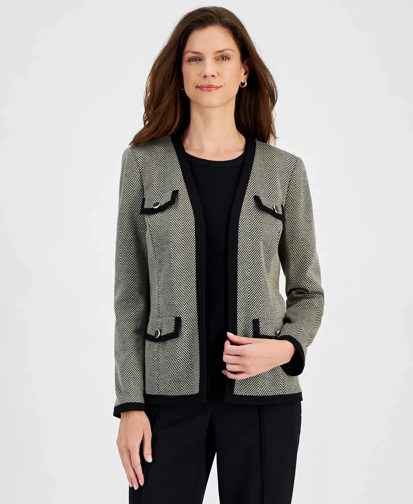 Kasper Petite Herringbone Framed Open-Front Blazer Jacket