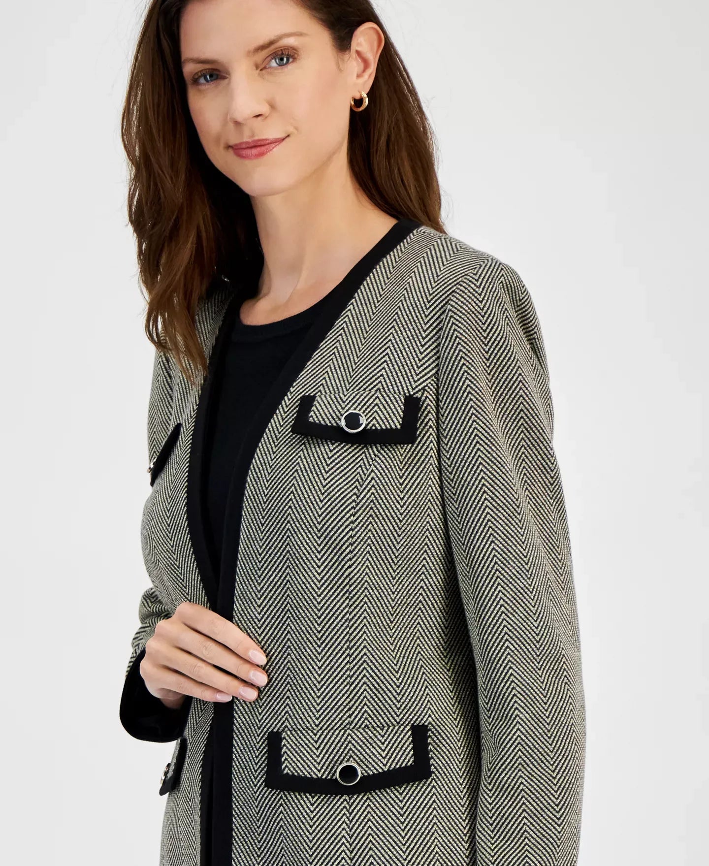 Kasper Petite Herringbone Framed Open-Front Blazer Jacket