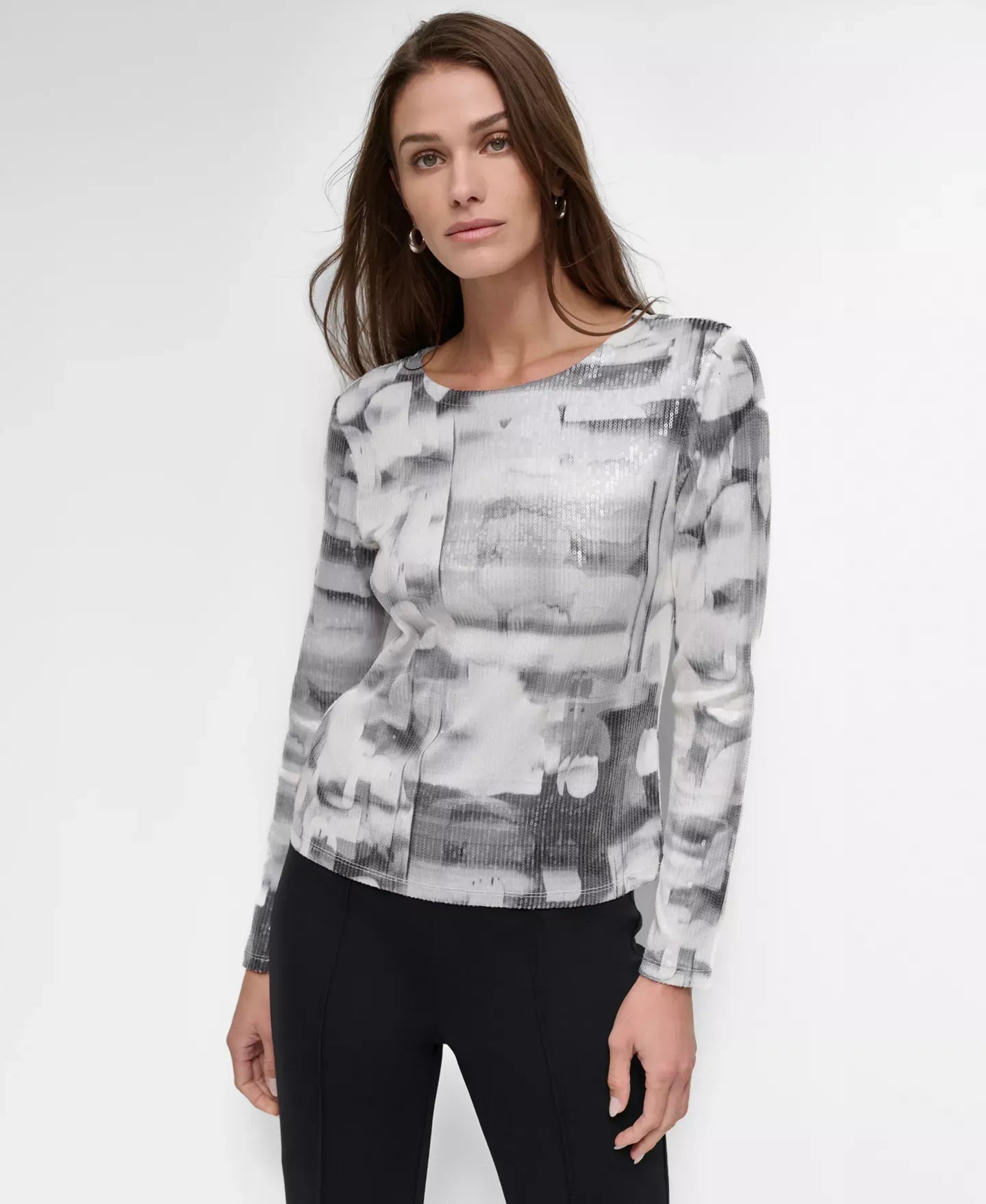 DKNY Women's Printed Knit Sequin Long-Sleeve Top