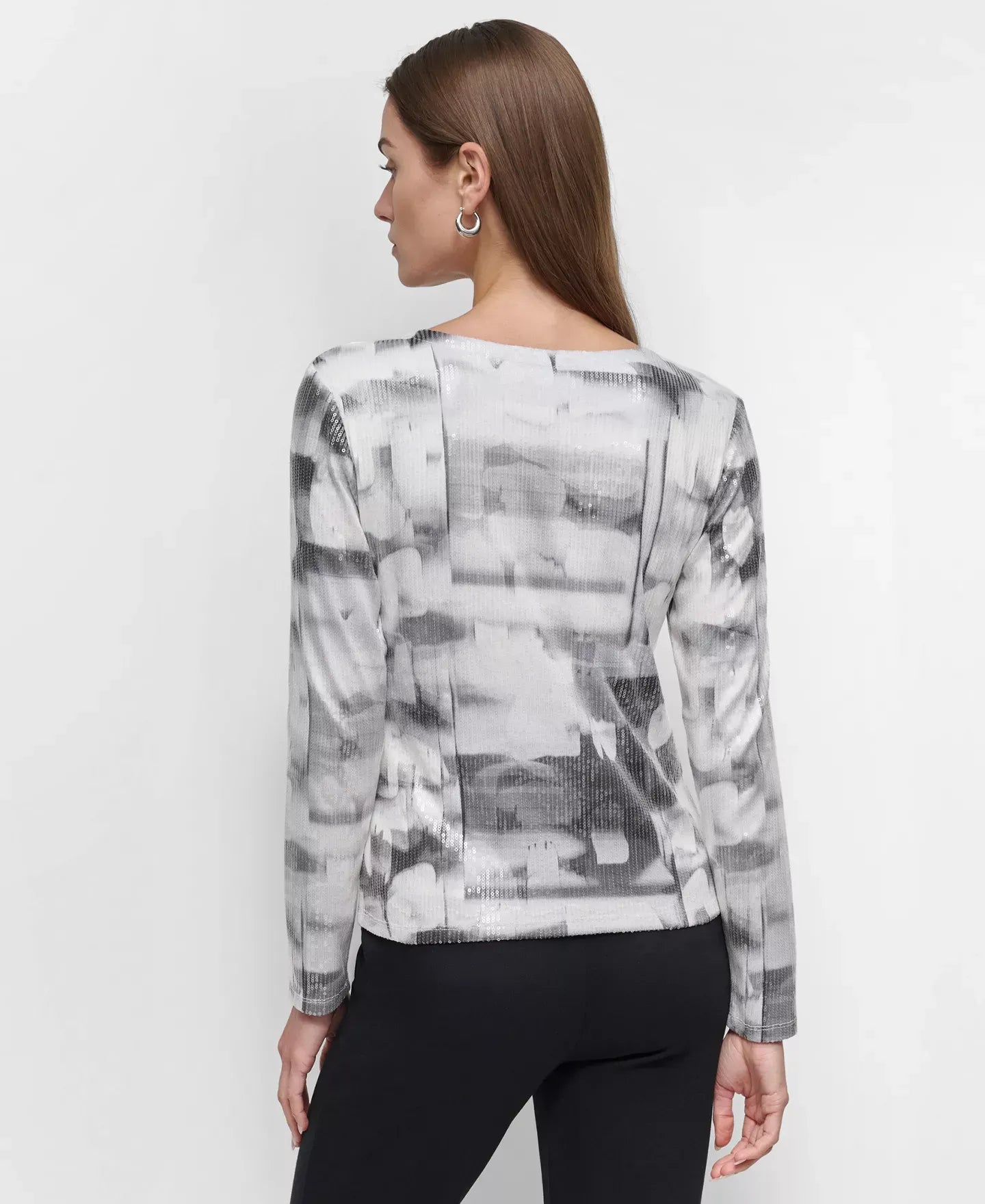 DKNY Women's Printed Knit Sequin Long-Sleeve Top