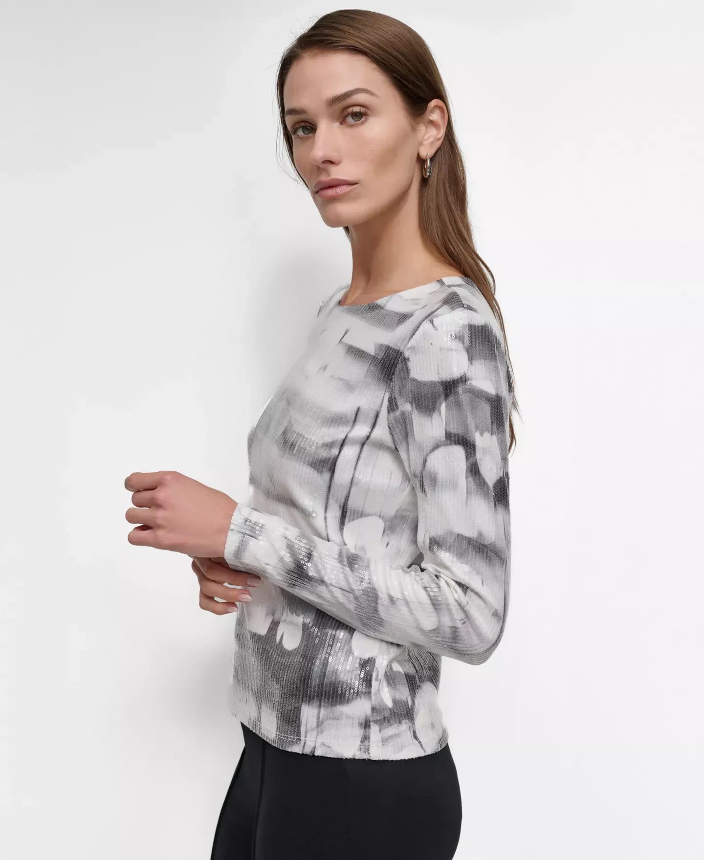 DKNY Women's Printed Knit Sequin Long-Sleeve Top