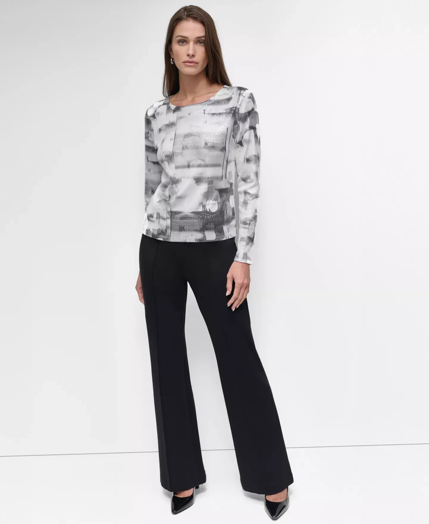 DKNY Women's Printed Knit Sequin Long-Sleeve Top