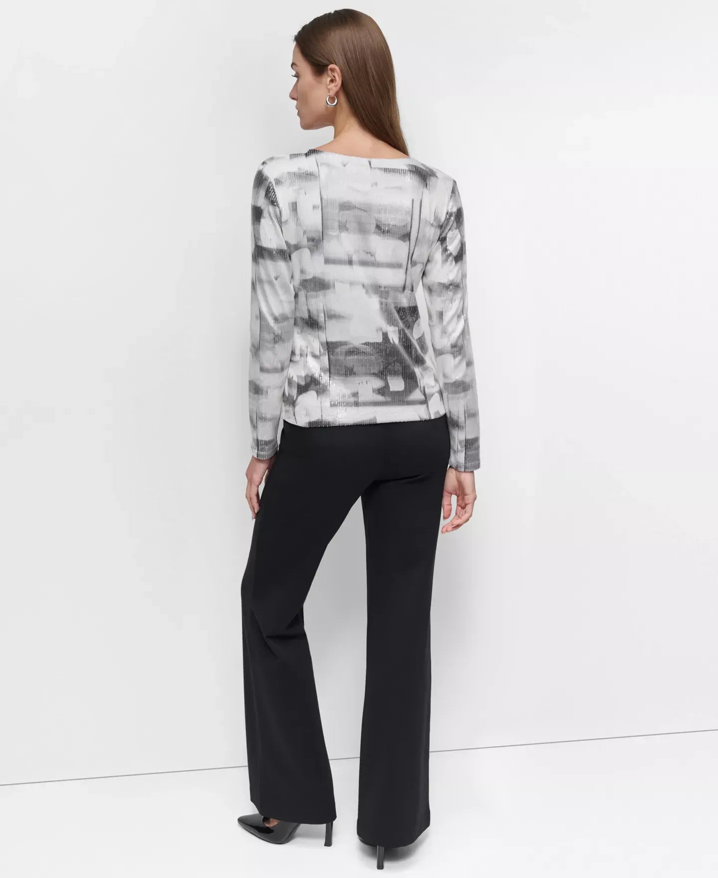 DKNY Women's Printed Knit Sequin Long-Sleeve Top